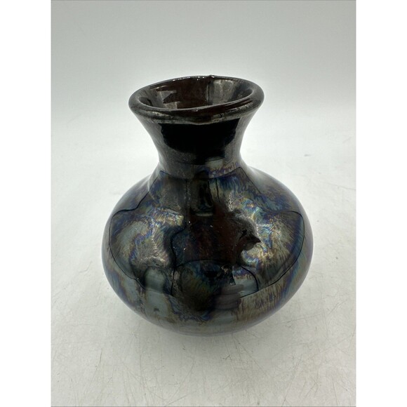 Small Bud Vase Art Pottery Metallic Blues Glazed Handmade 3.25” - Picture 3 of 16